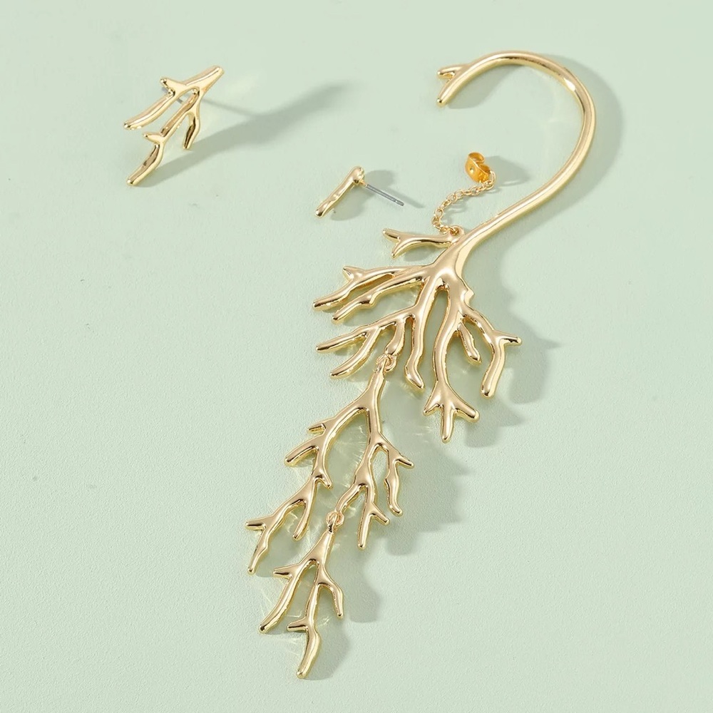 Boho Punk Asymmetric Long Dangling Gold Branch Cuff Earring - Picture 4 of 14
